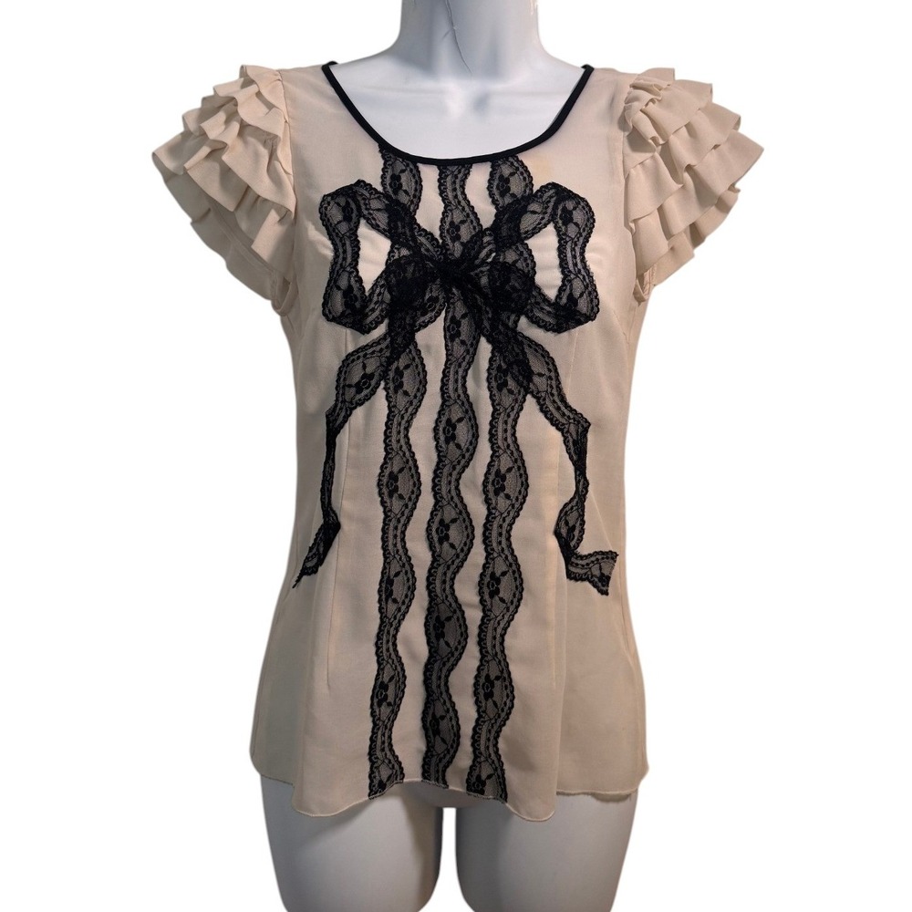 Lipsy London Cream Silk Ruffle Sleeve Blouse Black Lace Bow Coquette Top Sz 6